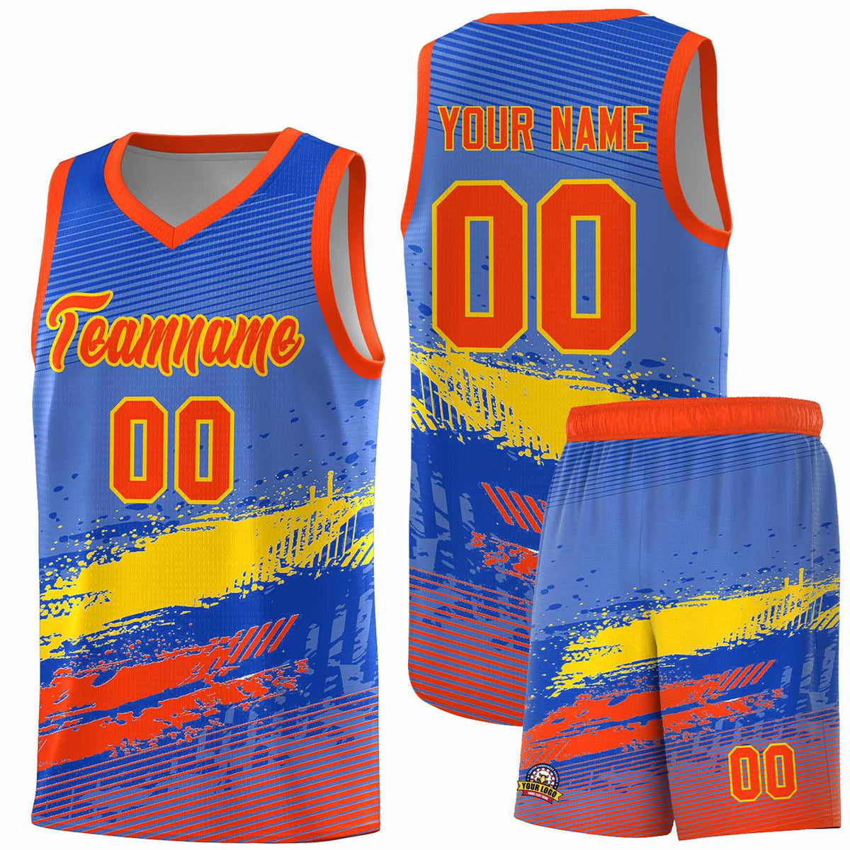 Custom Royal Gold and Orange Graffiti Pattern Sports Uniform Basketball Jersey|KXKSHOP