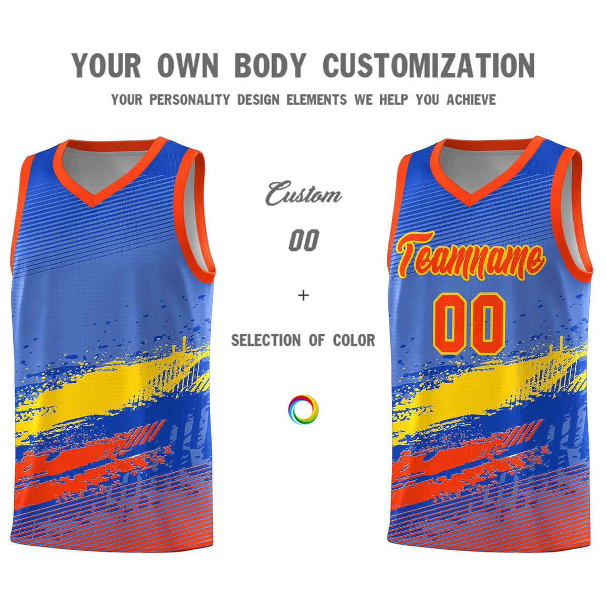 Custom Royal Gold and Orange Graffiti Pattern Sports Uniform Basketball Jersey|KXKSHOP