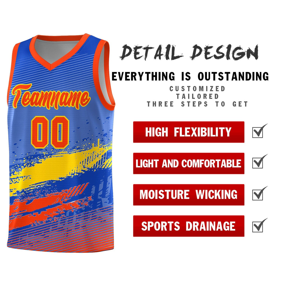 Custom Royal Gold and Orange Graffiti Pattern Sports Uniform Basketball Jersey|KXKSHOP