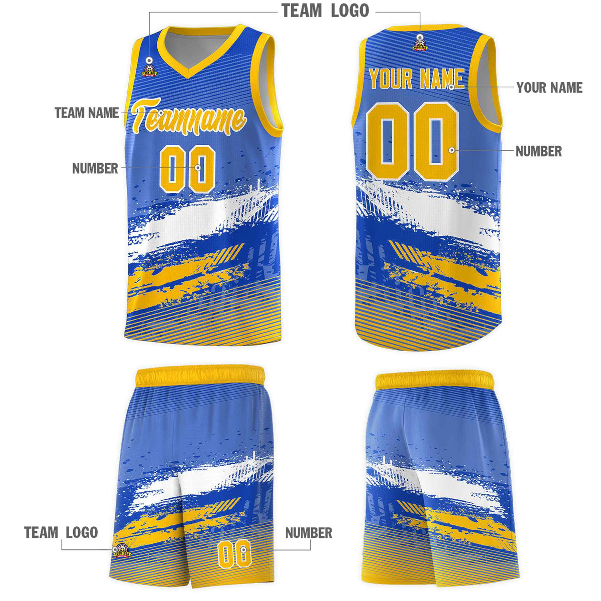 Custom Royal White and Yellow Graffiti Pattern Sports Uniform Basketball Jersey|KXKSHOP