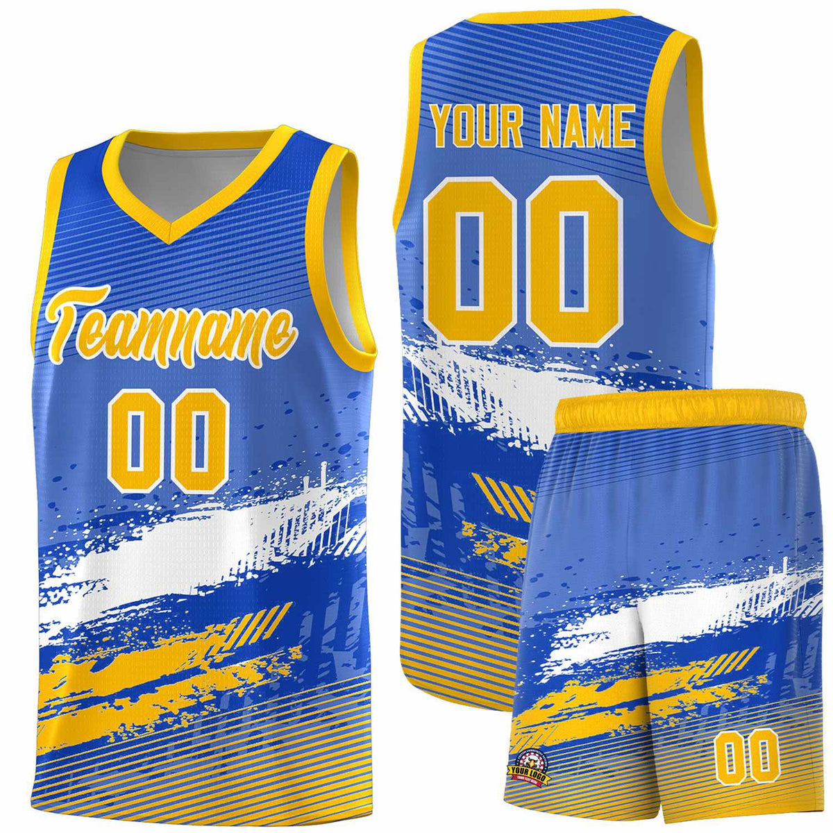 Custom Royal White and Yellow Graffiti Pattern Sports Uniform Basketball Jersey|KXKSHOP