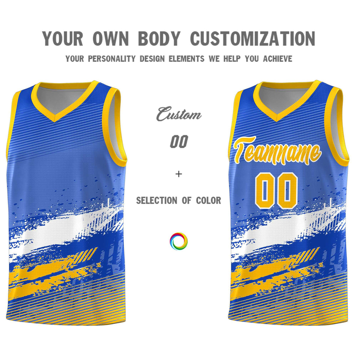 Custom Royal White and Yellow Graffiti Pattern Sports Uniform Basketball Jersey|KXKSHOP