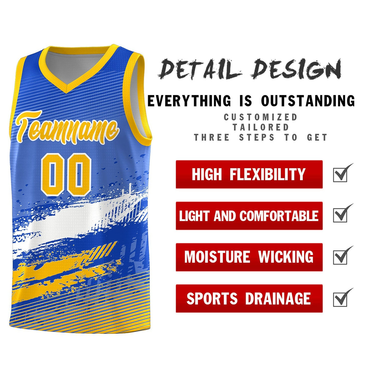 Custom Royal White and Yellow Graffiti Pattern Sports Uniform Basketball Jersey|KXKSHOP