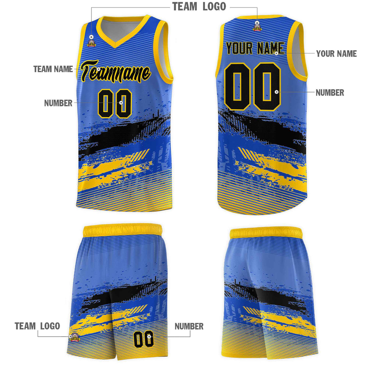 Custom Royal Black and Yellow Graffiti Pattern Sports Uniform Basketball Jersey|KXKSHOP