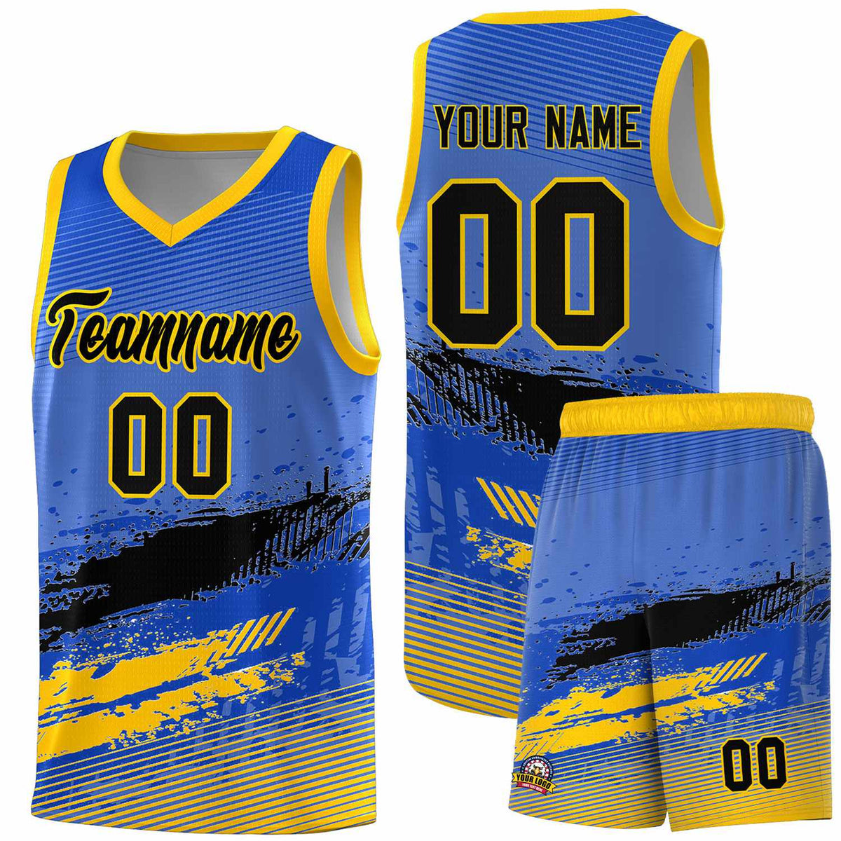 Custom Royal Black and Yellow Graffiti Pattern Sports Uniform Basketball Jersey|KXKSHOP