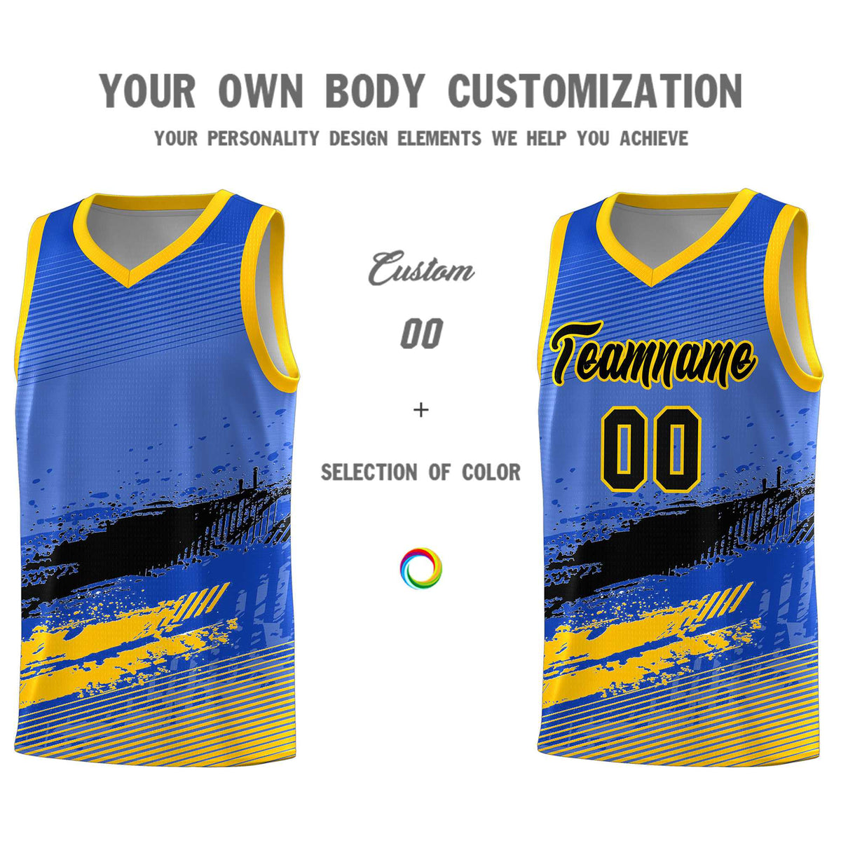 Custom Royal Black and Yellow Graffiti Pattern Sports Uniform Basketball Jersey|KXKSHOP