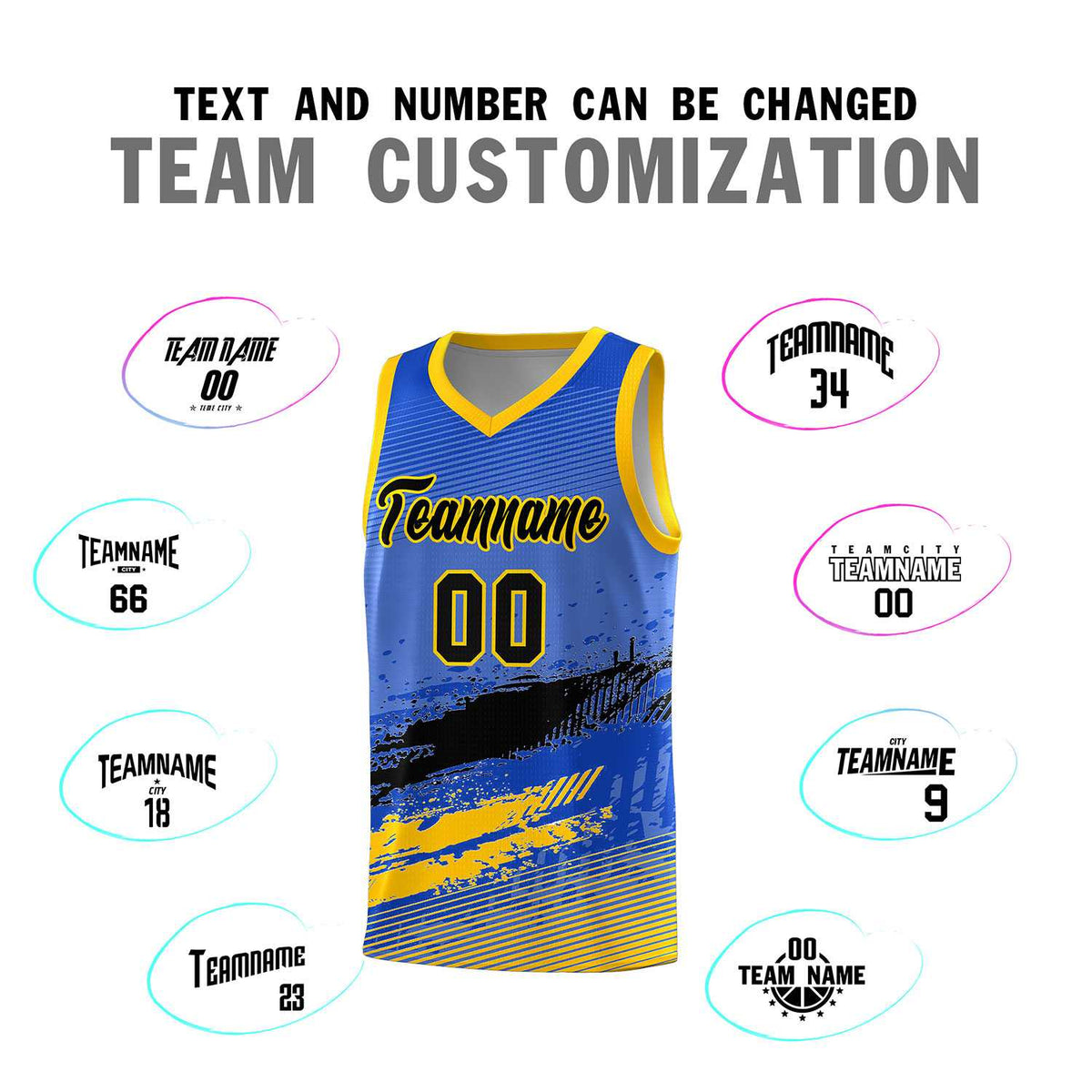 Custom Royal Black and Yellow Graffiti Pattern Sports Uniform Basketball Jersey|KXKSHOP