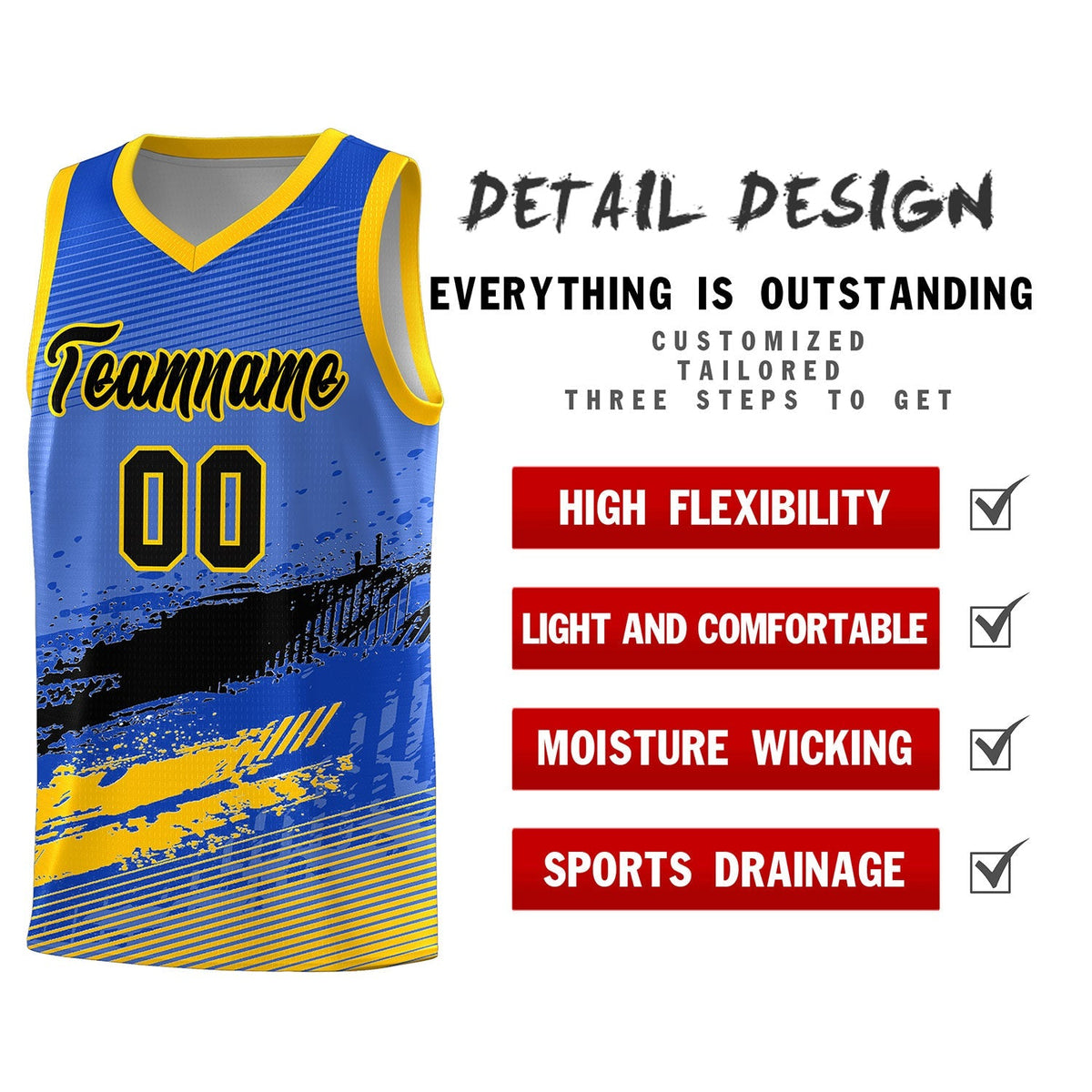 Custom Royal Black and Yellow Graffiti Pattern Sports Uniform Basketball Jersey|KXKSHOP