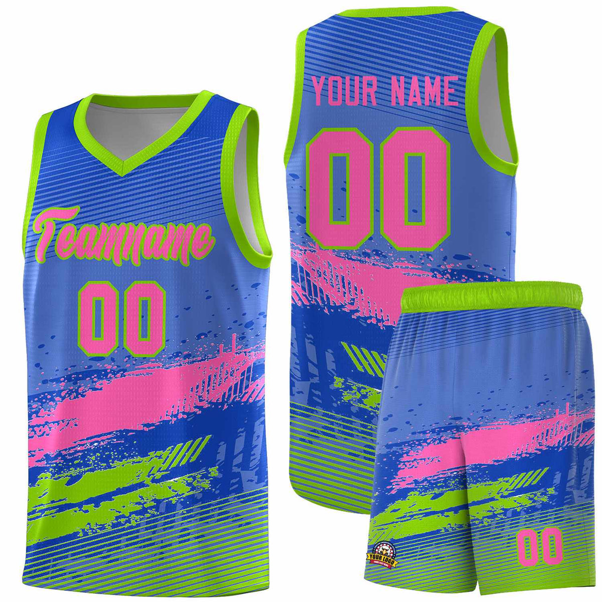 Custom Royal Pink and Neon Green Graffiti Pattern Sports Uniform Basketball Jersey|KXKSHOP