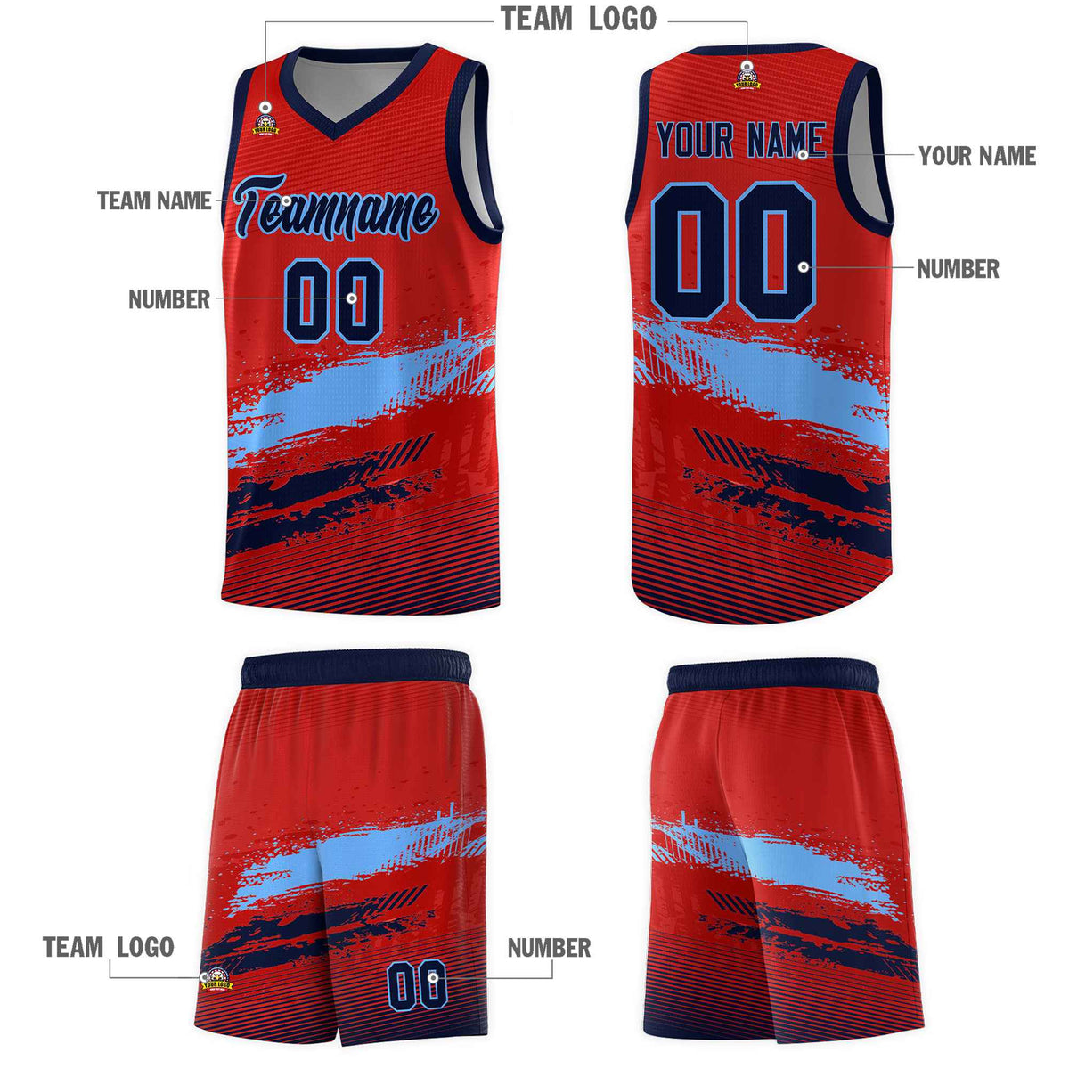 Custom Red Powder Blue and Navy Graffiti Pattern Sports Uniform Basketball Jersey|KXKSHOP