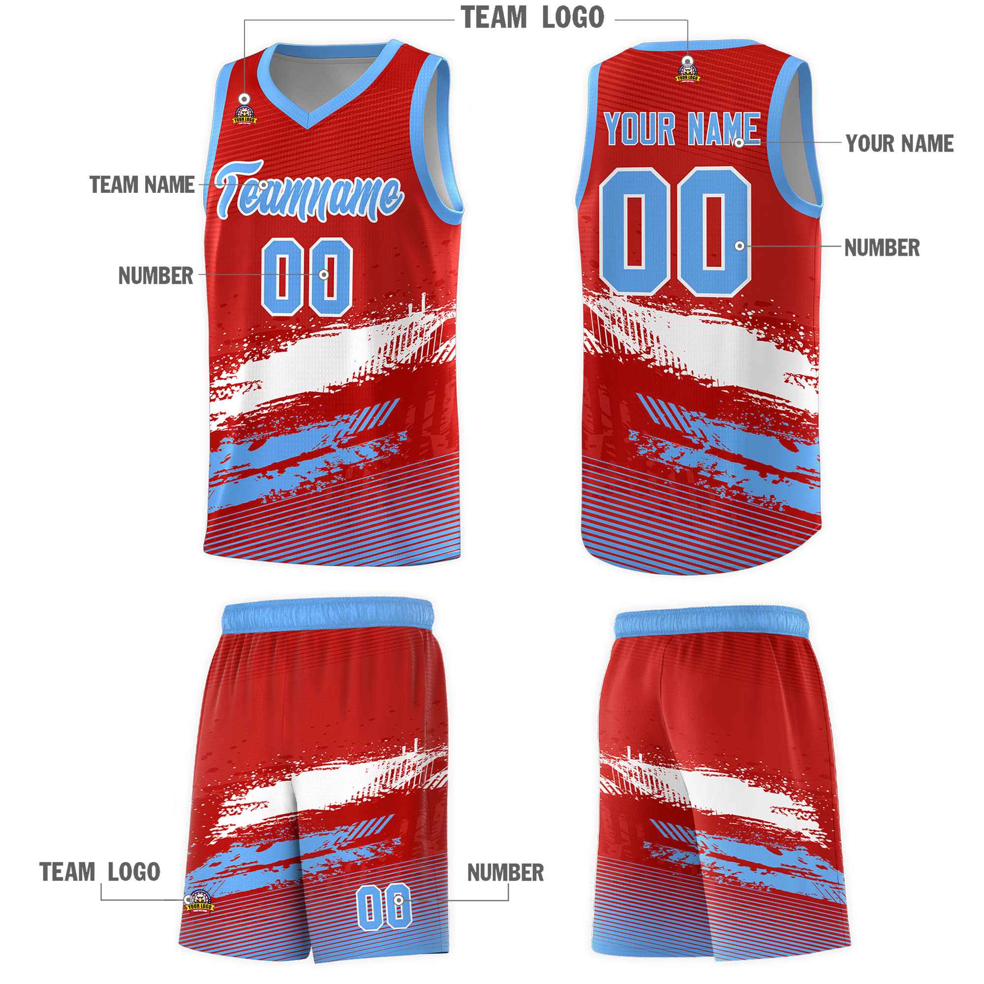 Custom Red White and Powder Blue Graffiti Pattern Sports Uniform Basketball Jersey|KXKSHOP