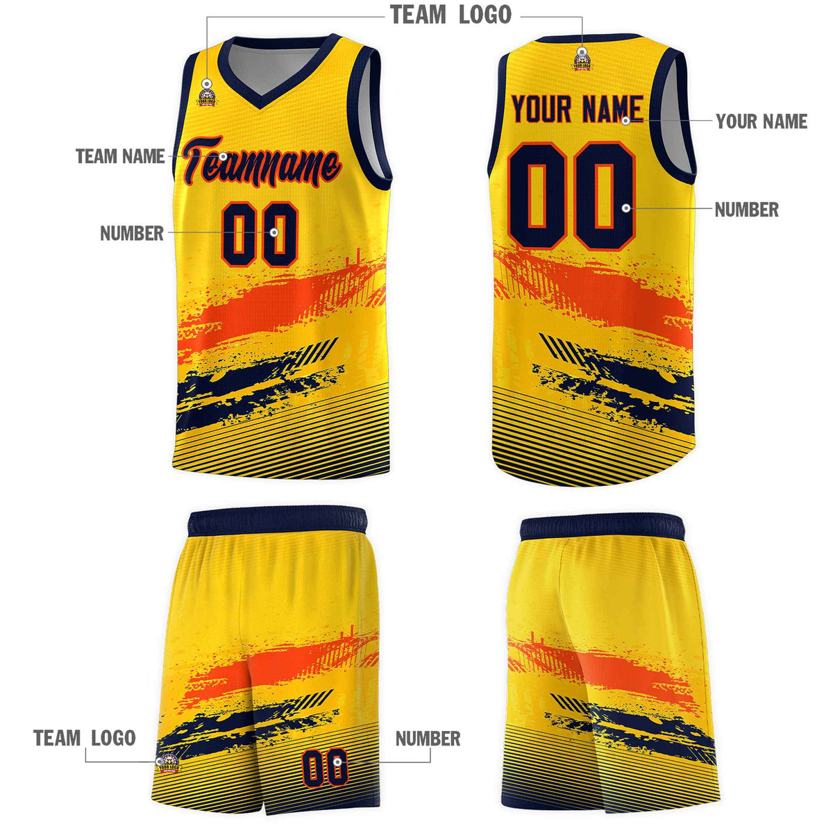 Custom Yellow Orange and Navy Graffiti Pattern Sports Uniform Basketball Jersey|KXKSHOP