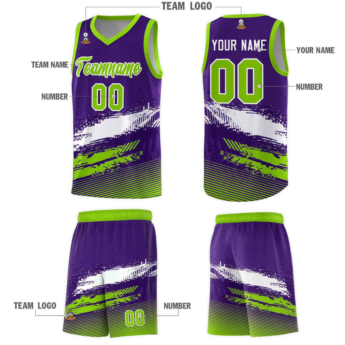 Custom Purple White and Neon Green Graffiti Pattern Sports Uniform Basketball Jersey|KXKSHOP