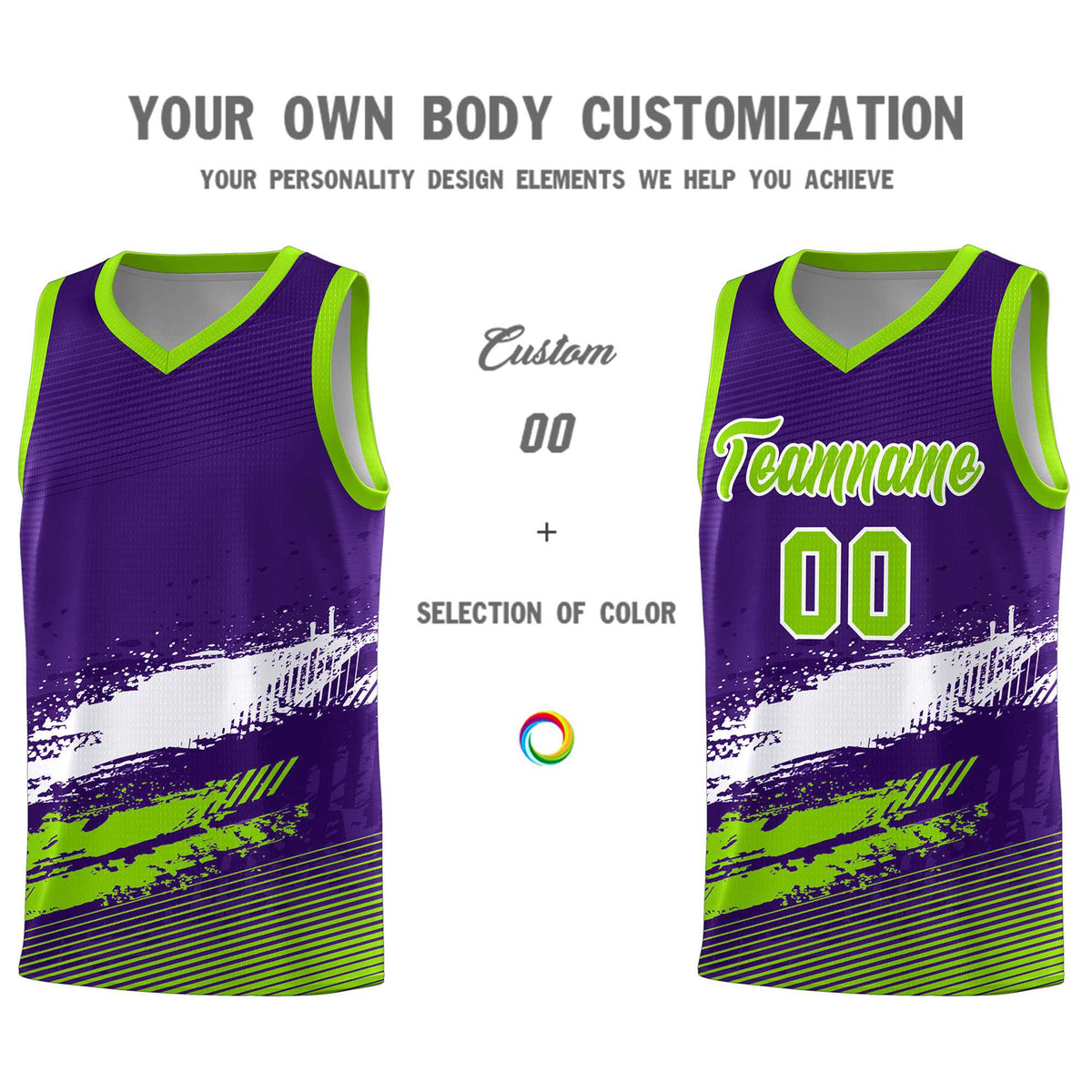 Custom Purple White and Neon Green Graffiti Pattern Sports Uniform Basketball Jersey|KXKSHOP