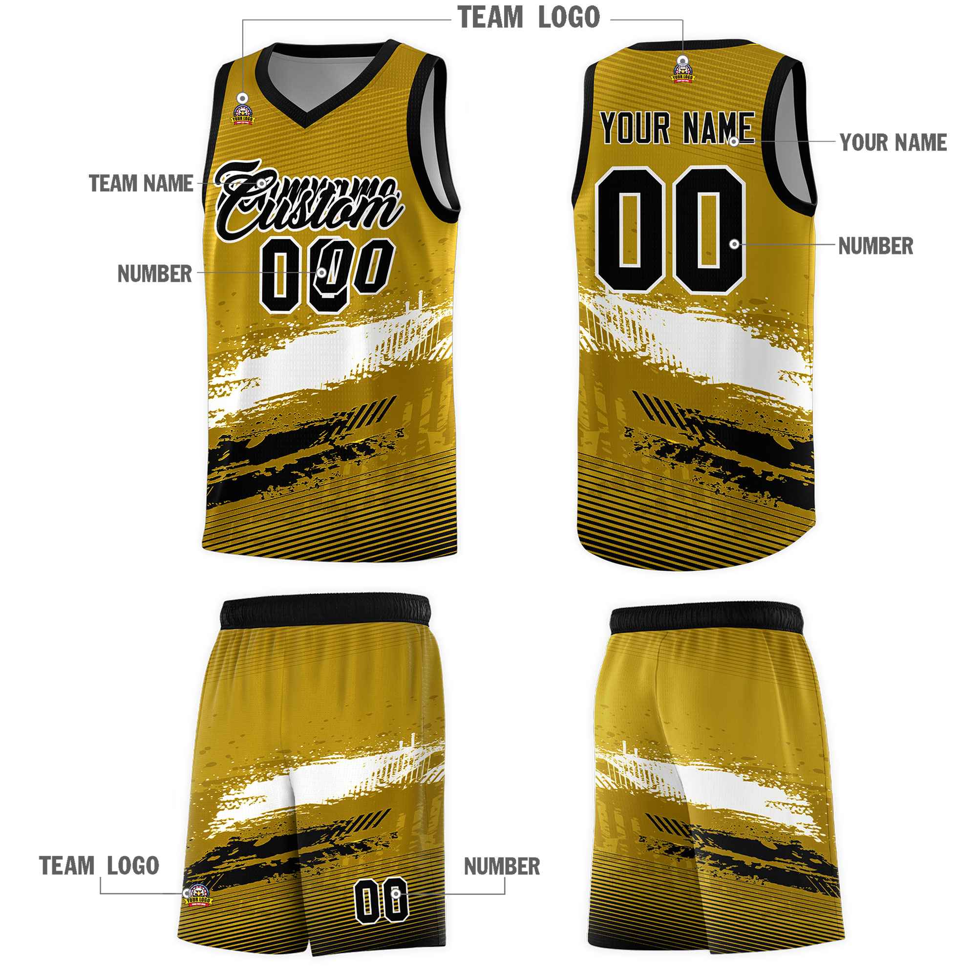 Custom Old Gold White and Black Graffiti Pattern Sports Uniform Basketball Jersey|KXKSHOP
