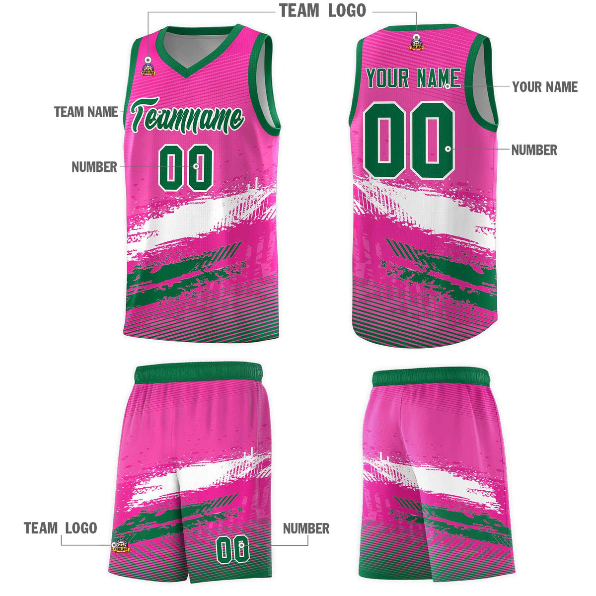 Custom Pink White and Kelly Green Graffiti Pattern Sports Uniform Basketball Jersey|KXKSHOP