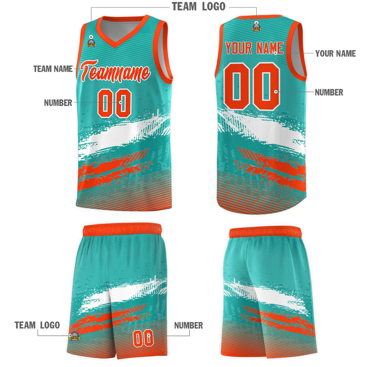 Custom Aqua White and Orange Graffiti Pattern Sports Uniform Basketball Jersey|KXKSHOP