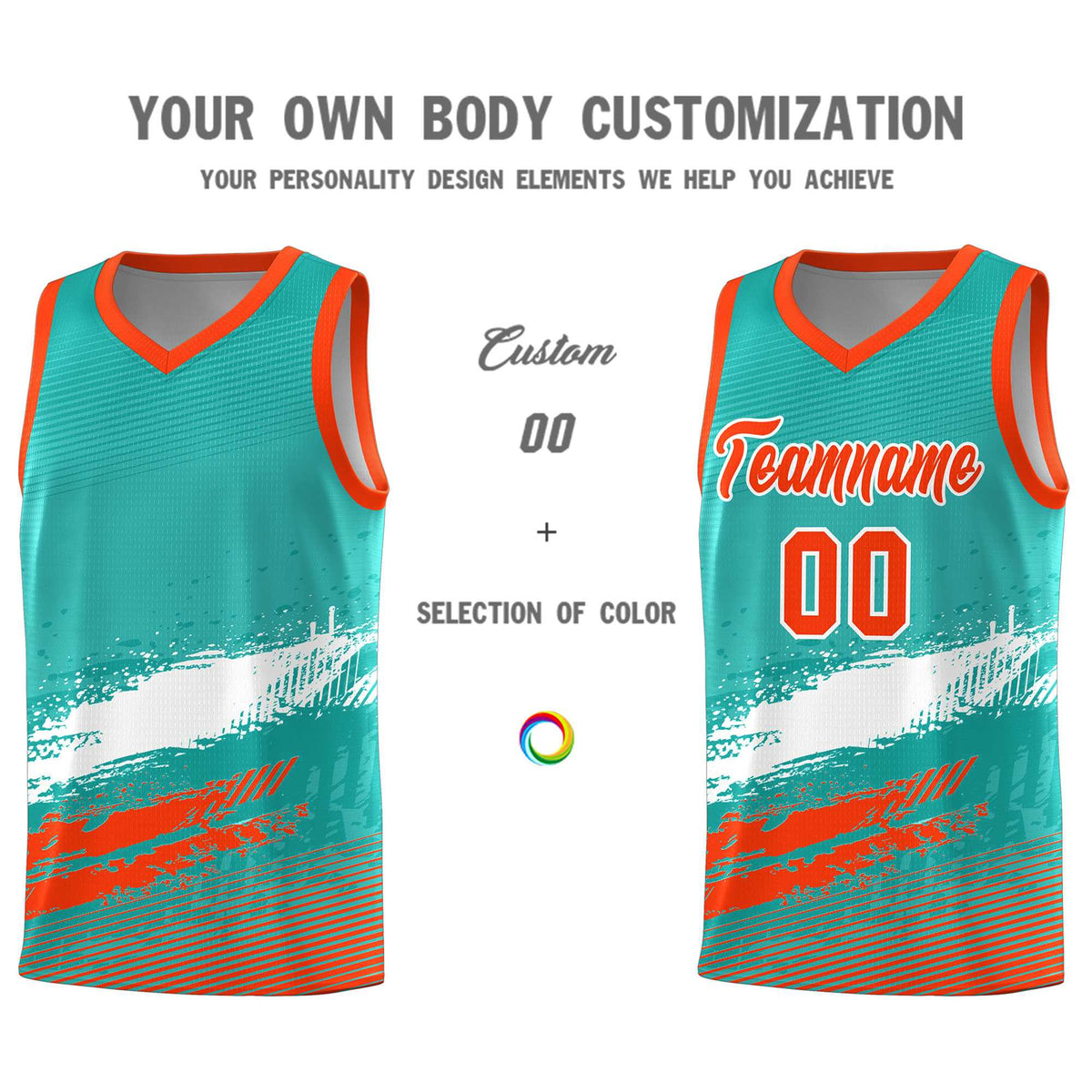 Custom Aqua White and Orange Graffiti Pattern Sports Uniform Basketball Jersey|KXKSHOP