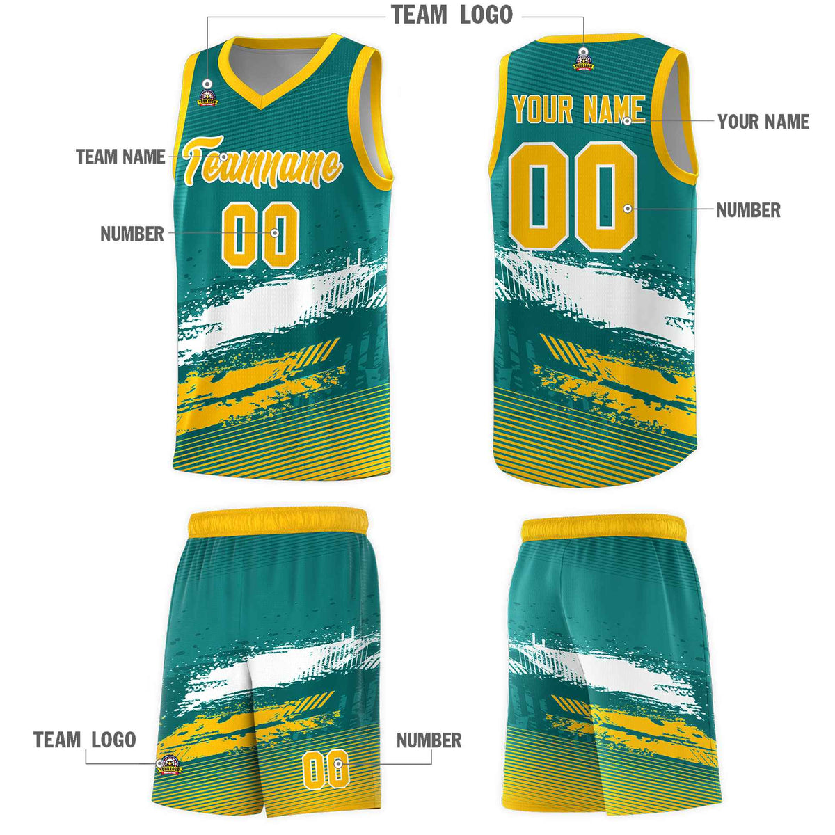 Custom Aqua White and Yellow Graffiti Pattern Sports Uniform Basketball Jersey|KXKSHOP