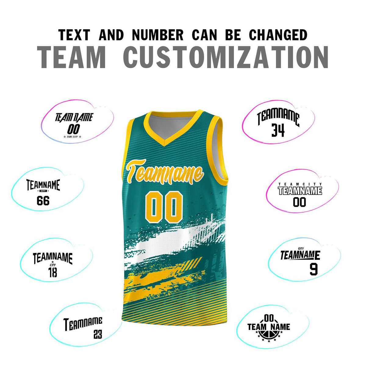 Custom Aqua White and Yellow Graffiti Pattern Sports Uniform Basketball Jersey|KXKSHOP