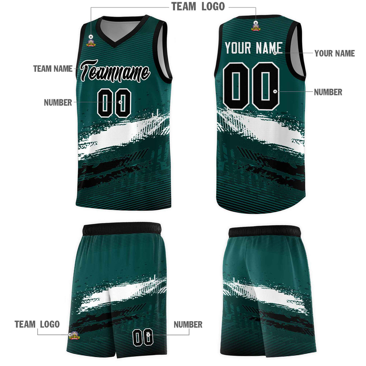 Custom Midnight Green White and Black Graffiti Pattern Sports Uniform Basketball Jersey|KXKSHOP