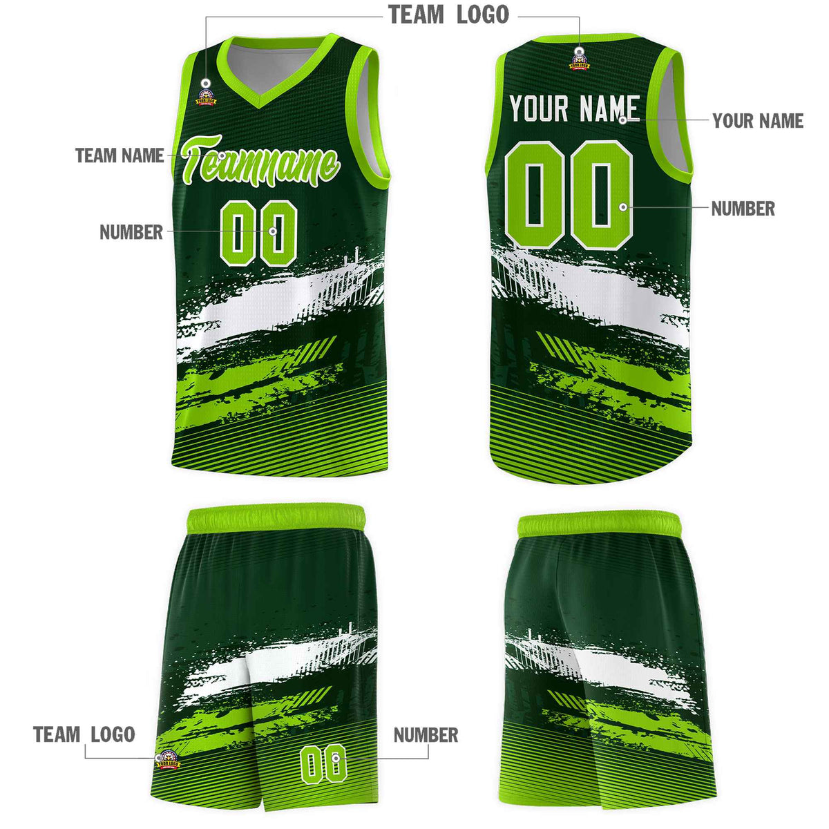 Custom Green White and Neon Green Graffiti Pattern Sports Uniform Basketball Jersey|KXKSHOP