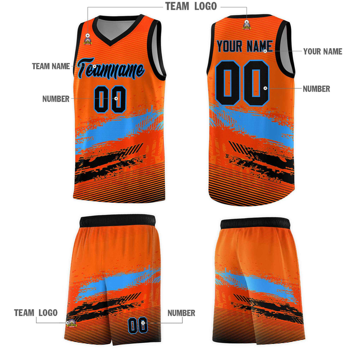 Custom Orange Powder Blue and Black Graffiti Pattern Sports Uniform Basketball Jersey|KXKSHOP