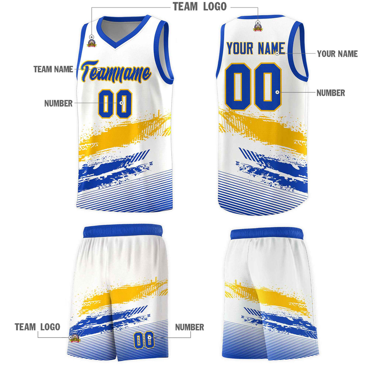 Custom White Yellow and Royal Graffiti Pattern Sports Uniform Basketball Jersey|KXKSHOP