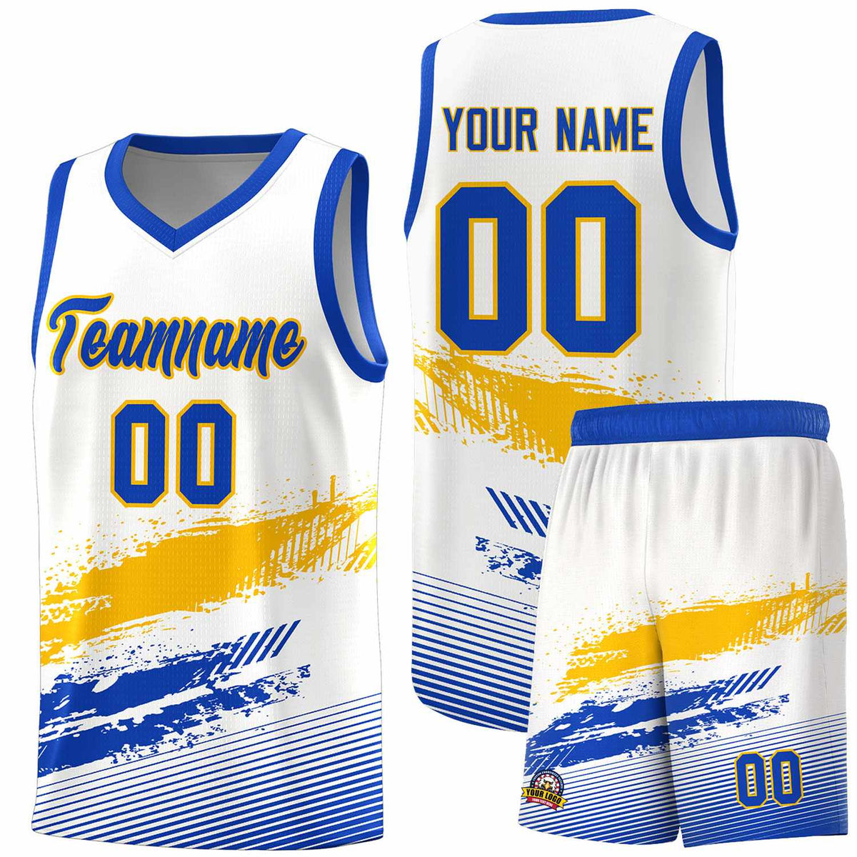 Custom White Yellow and Royal Graffiti Pattern Sports Uniform Basketball Jersey|KXKSHOP
