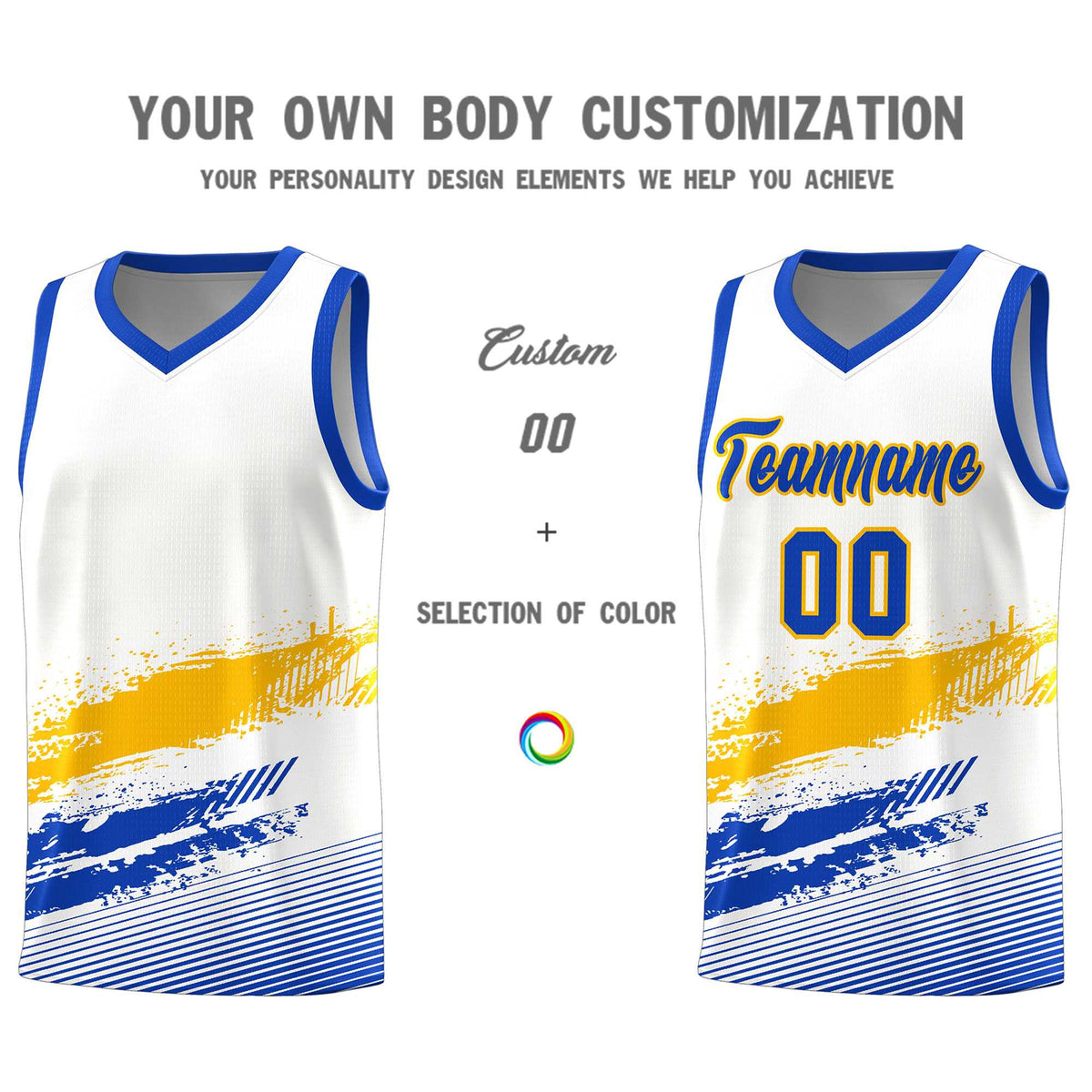 Custom White Yellow and Royal Graffiti Pattern Sports Uniform Basketball Jersey|KXKSHOP