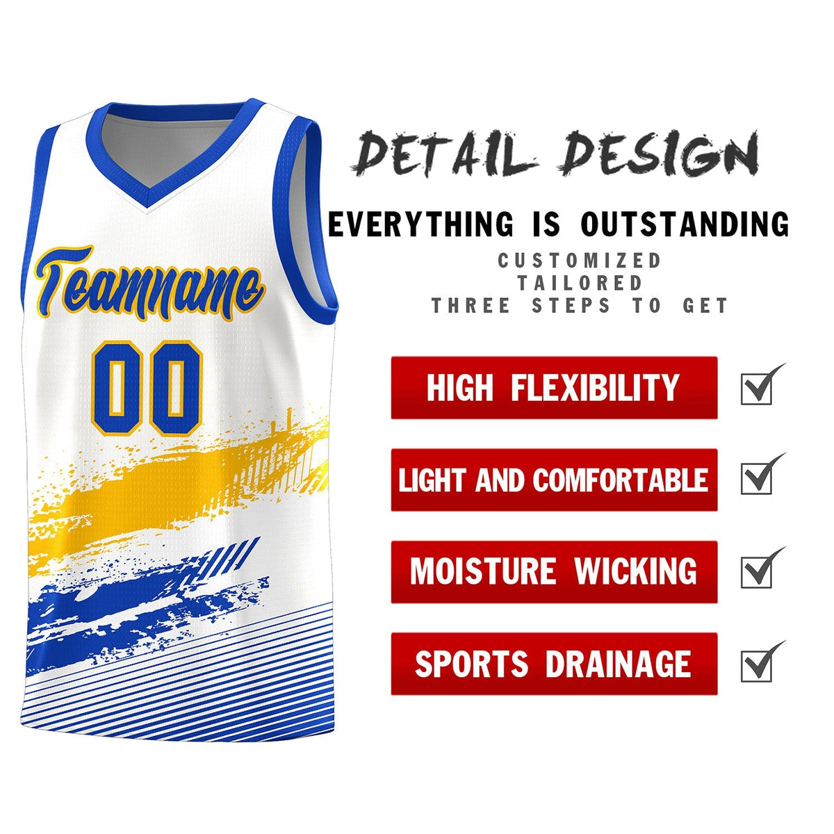 Custom White Yellow and Royal Graffiti Pattern Sports Uniform Basketball Jersey|KXKSHOP