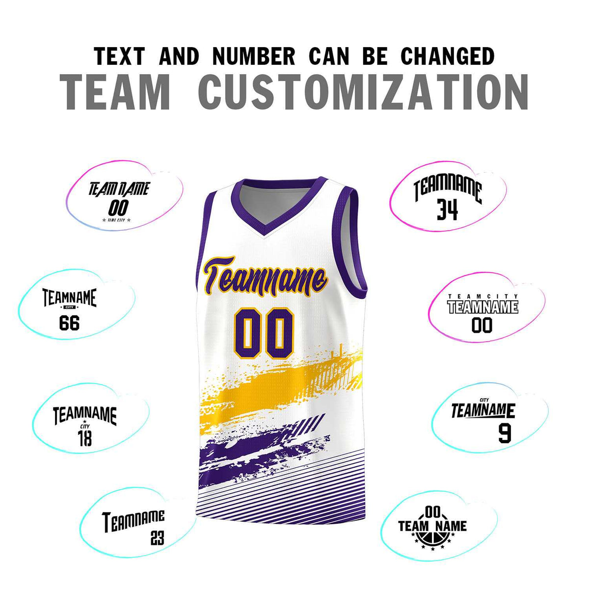 Custom White Yellow and Purple Graffiti Pattern Sports Uniform Basketball Jersey|KXKSHOP