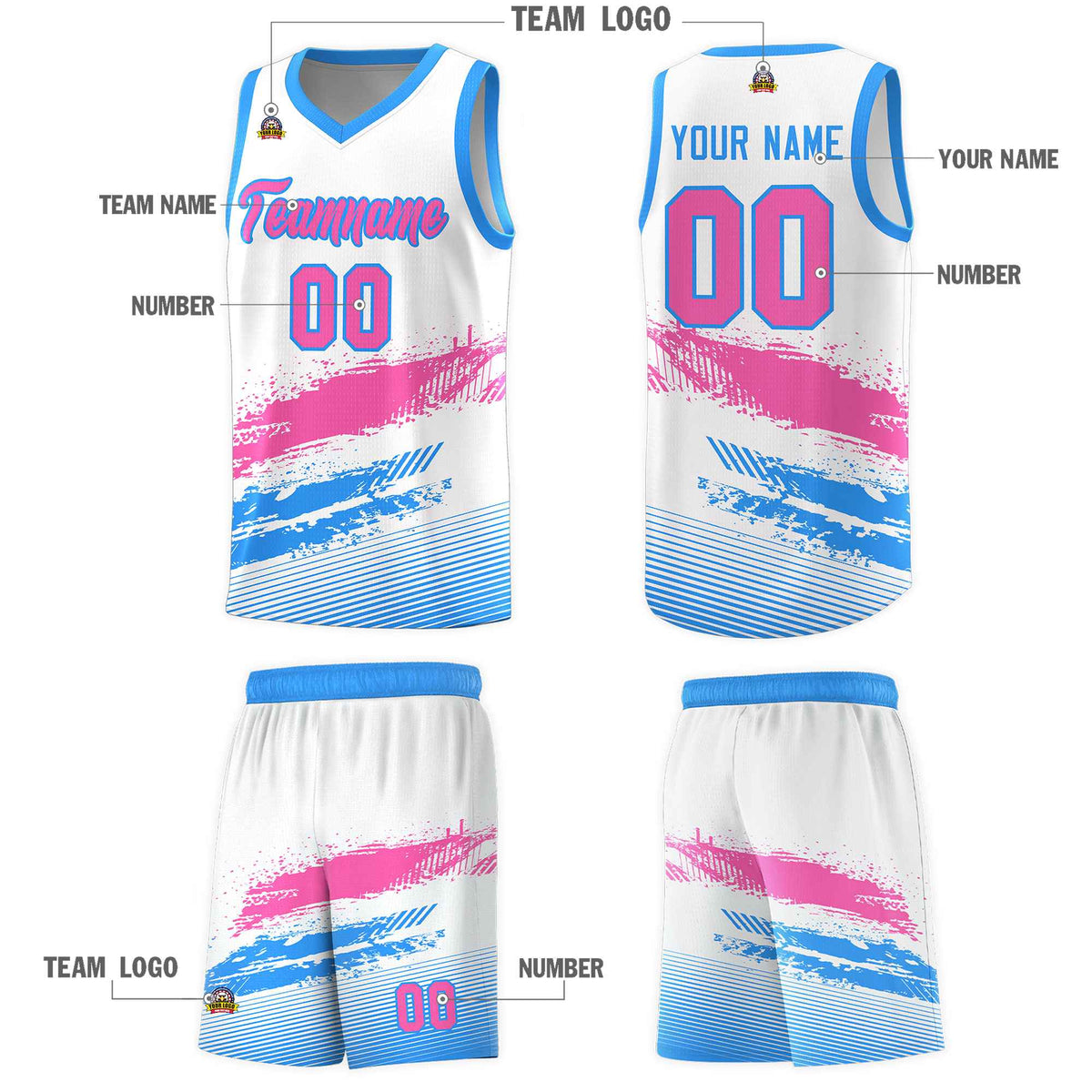 Custom White Pink and Powder Blue Graffiti Pattern Sports Uniform Basketball Jersey|KXKSHOP