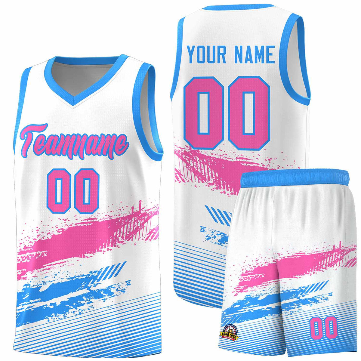 Custom White Pink and Powder Blue Graffiti Pattern Sports Uniform Basketball Jersey|KXKSHOP