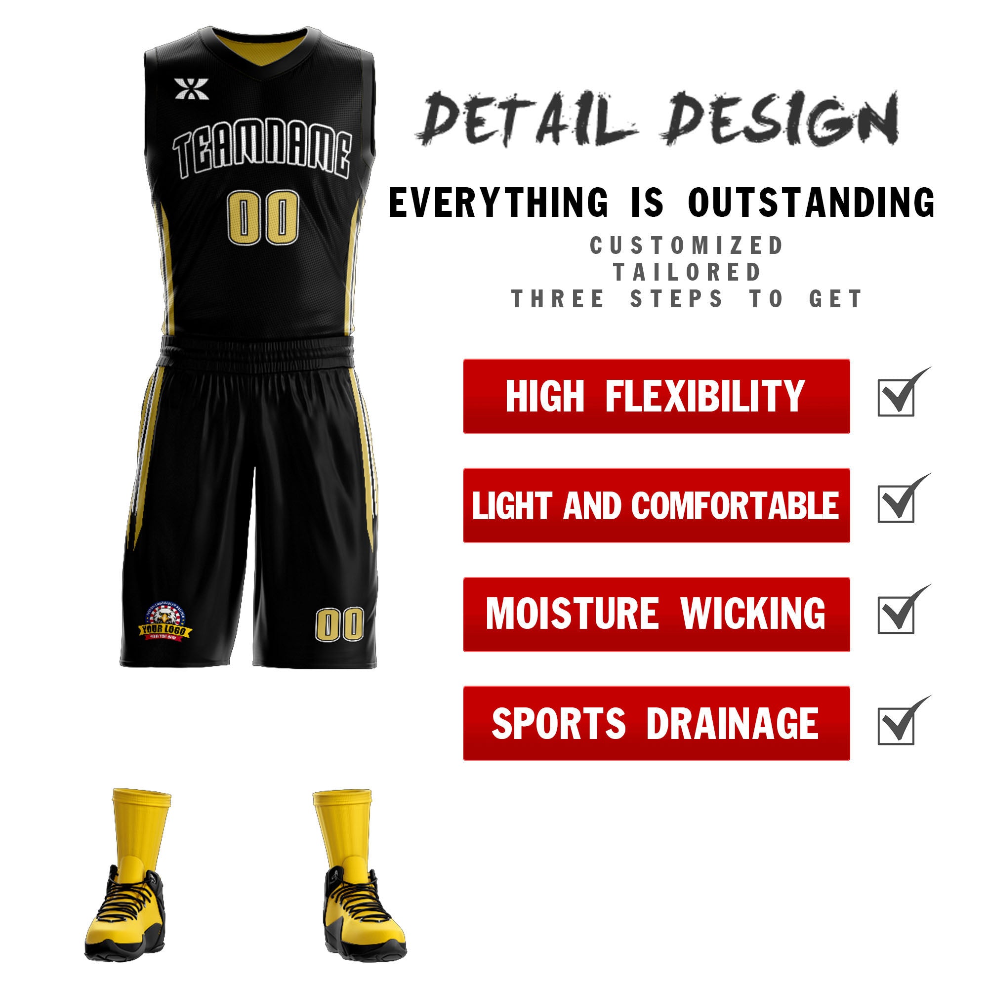 Custom Black Old Gold Double Side Kits Design Sportswear Basketball Jersey|KXKSHOP