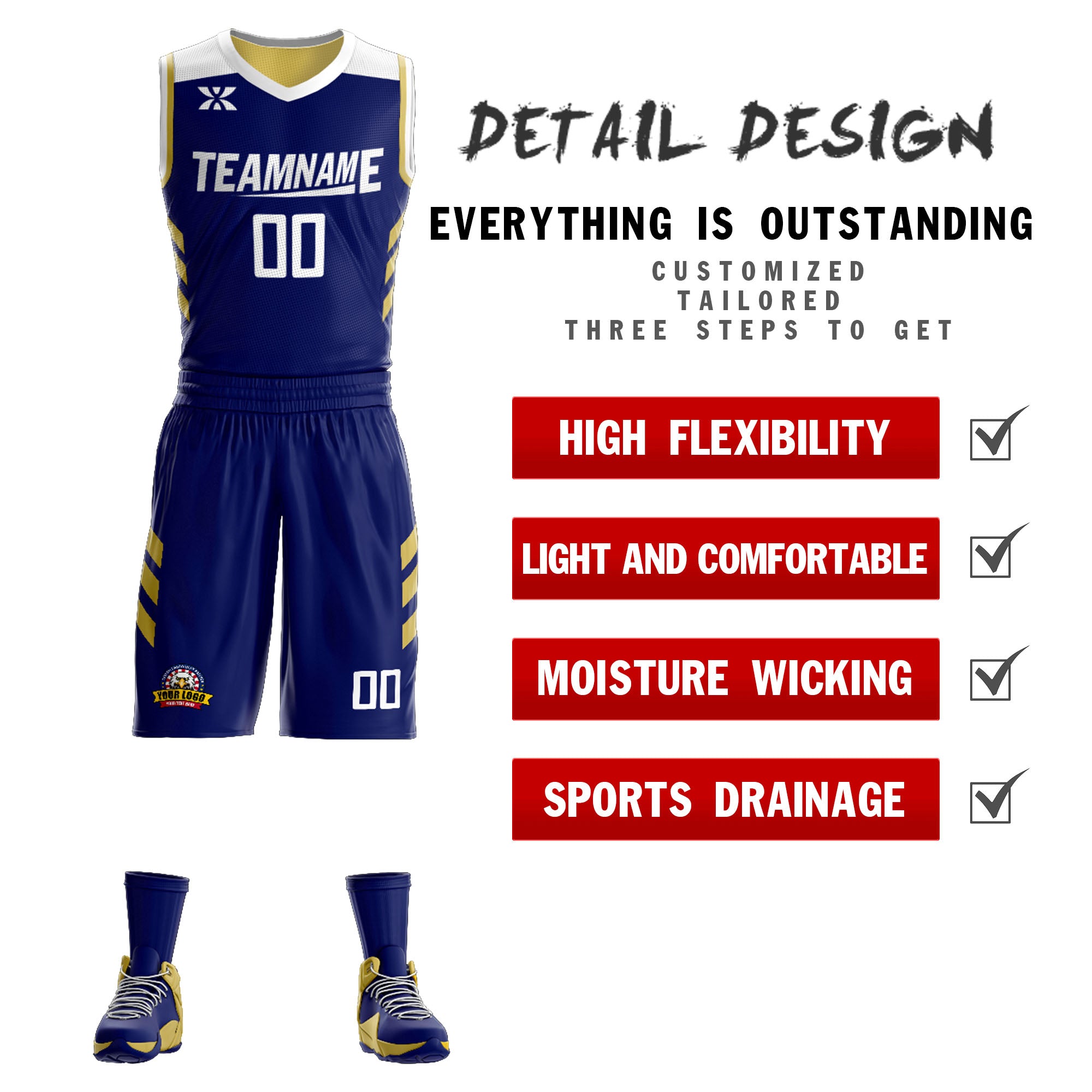 Custom Navy Old Gold Double Side Kits Design Sportswear Basketball Jersey|KXKSHOP
