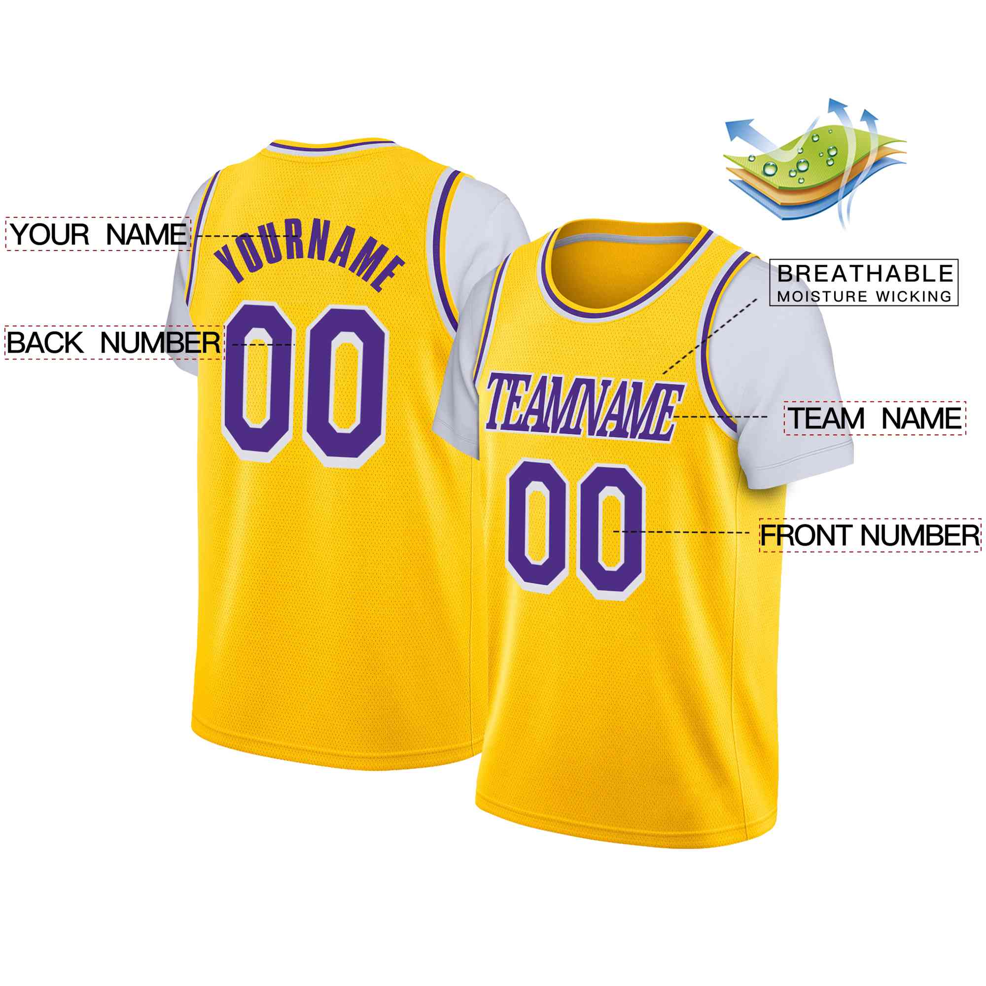 Custom Yellow Purple-White Classic Tops Casual Fake Sleeve Basketball Jersey| KXKSHOP