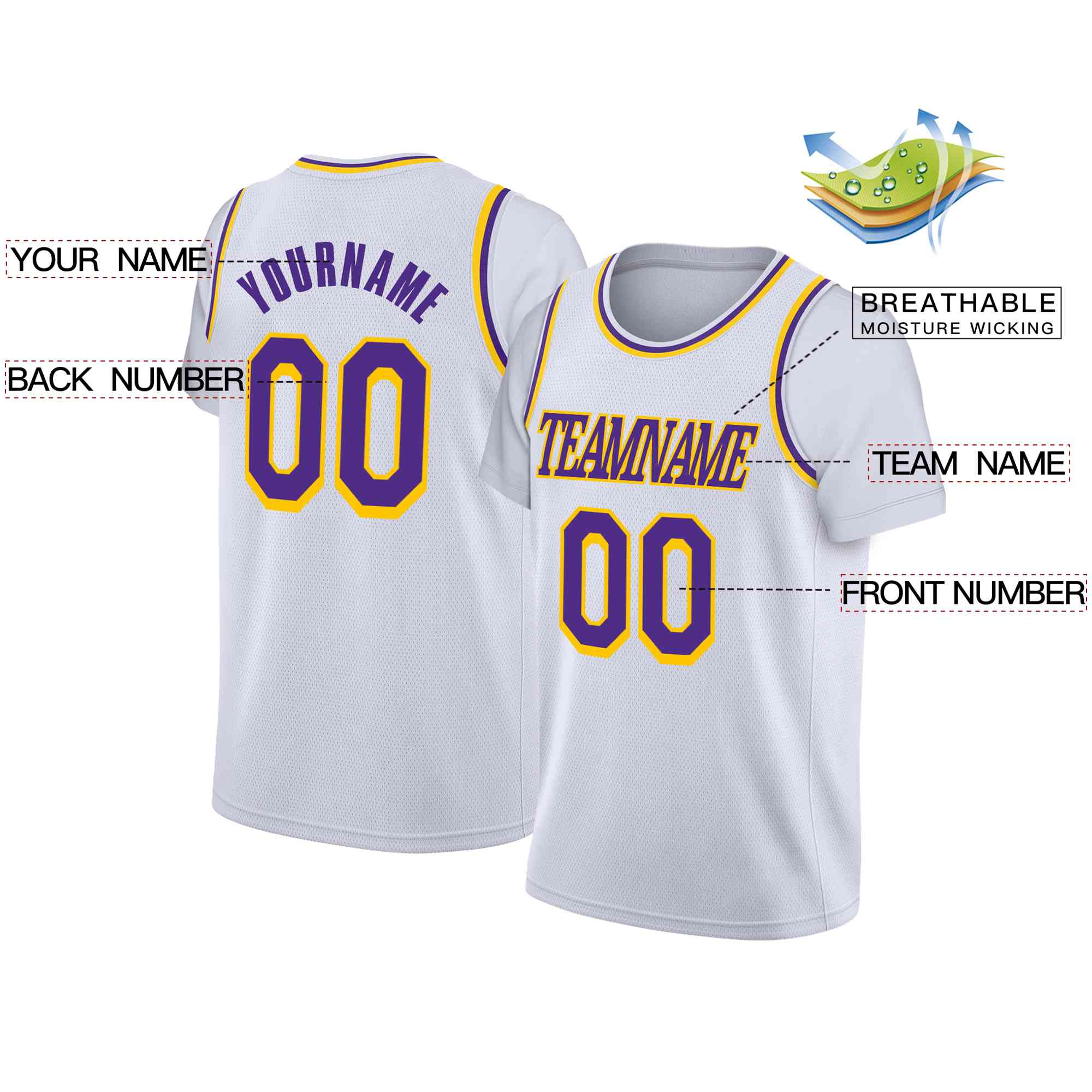 Custom White Purple-Yellow Classic Tops Casual Fake Sleeve Basketball Jersey| KXKSHOP