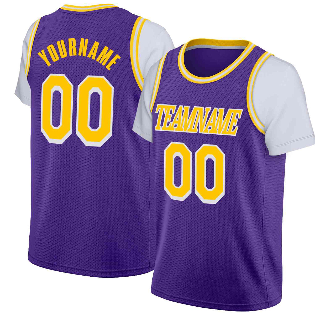 Custom Purple Yellow-White Classic Tops Casual Fake Sleeve Basketball Jersey