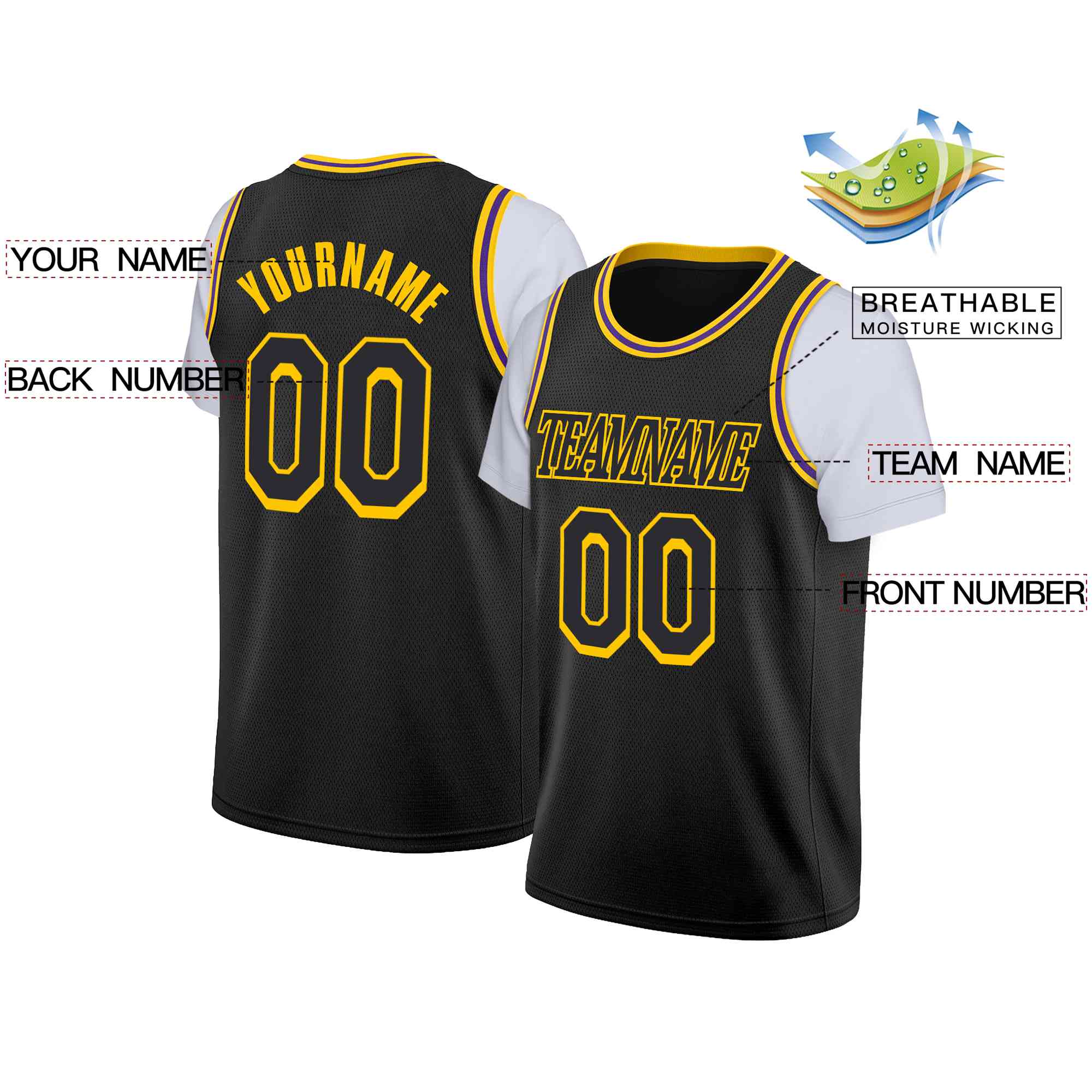 Custom Black Black-Yellow Classic Tops Casual Fake Sleeve Basketball Jersey| KXKSHOP