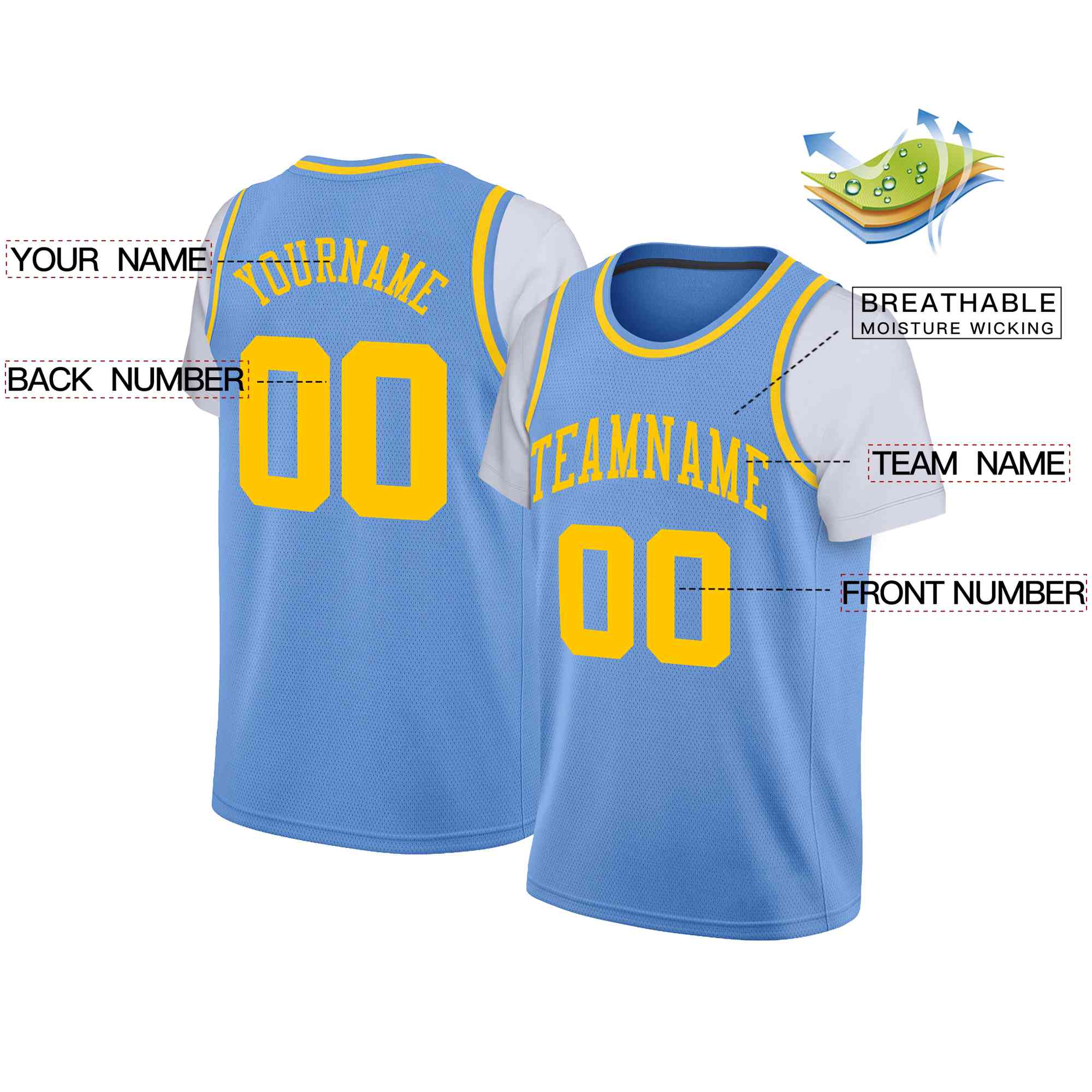 Custom Light Blue Yellow Classic Tops Casual Fake Sleeve Basketball Jersey| KXKSHOP