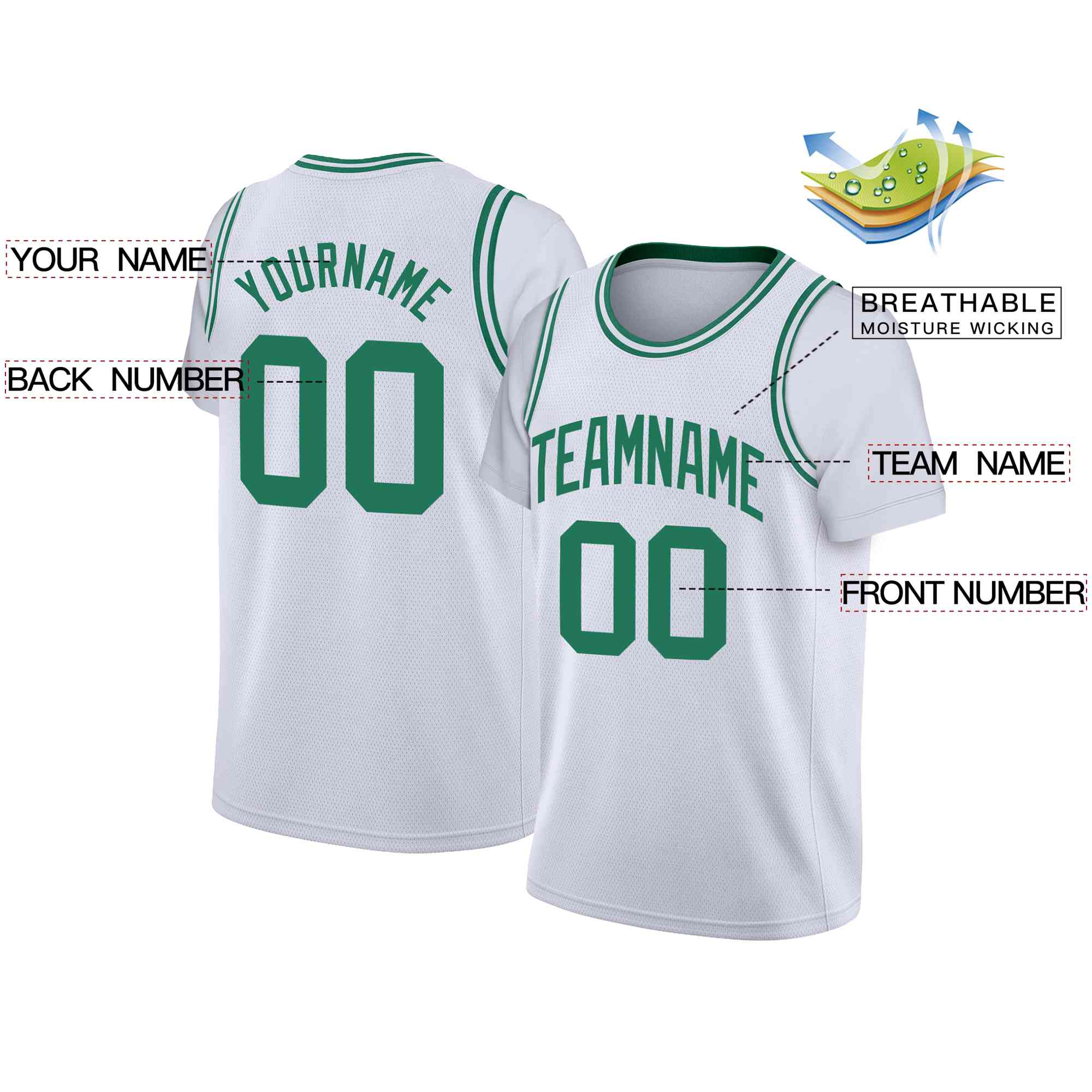 Custom White Green Classic Tops Casual Fake Sleeve Basketball Jersey| KXKSHOP
