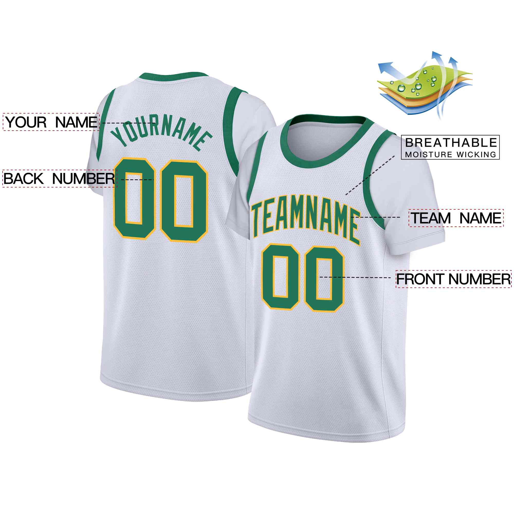 Custom White Green-Yellow Classic Tops Casual Fake Sleeve Basketball Jersey| KXKSHOP
