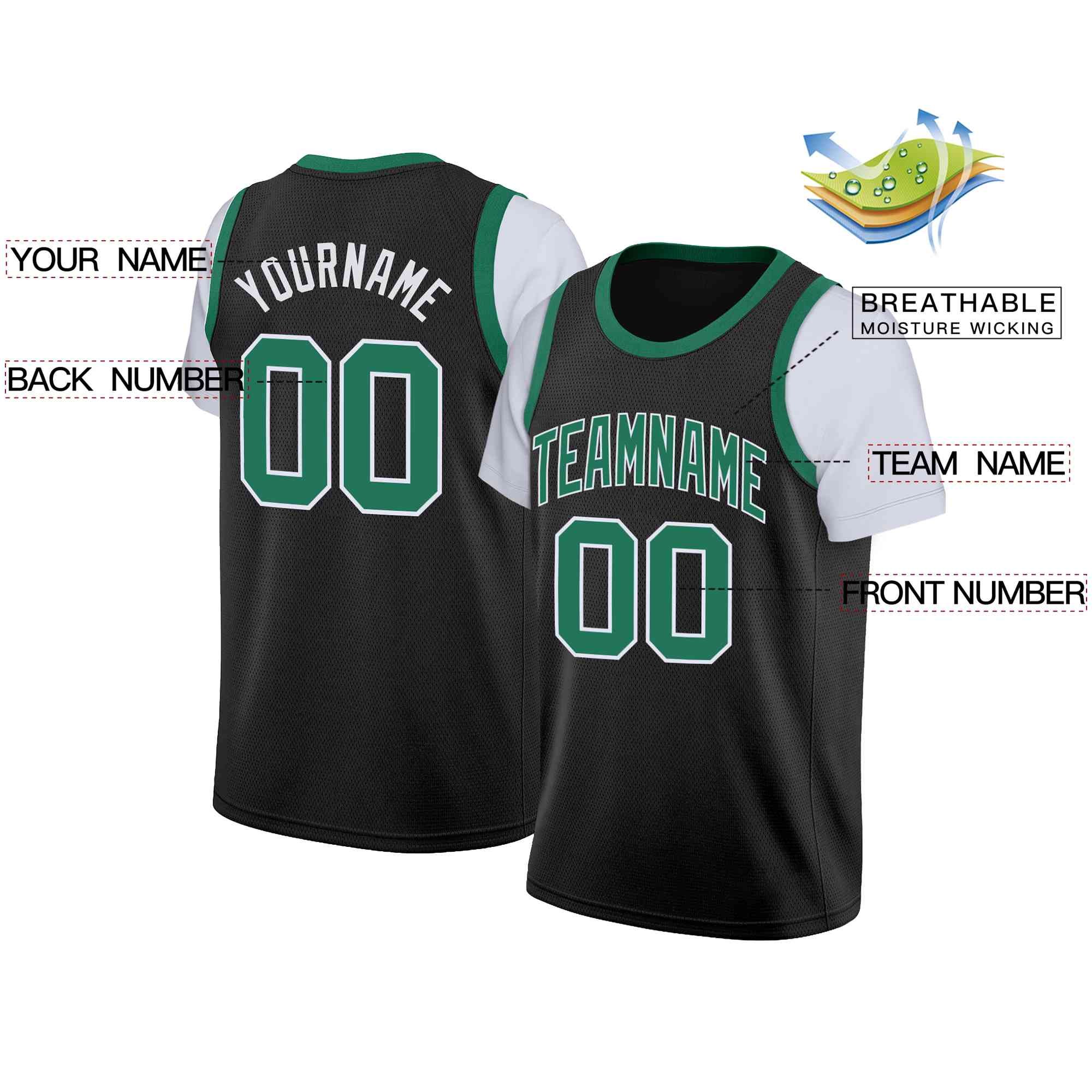 Custom Black Green-White Classic Tops Casual Fake Sleeve Basketball Jersey| KXKSHOP