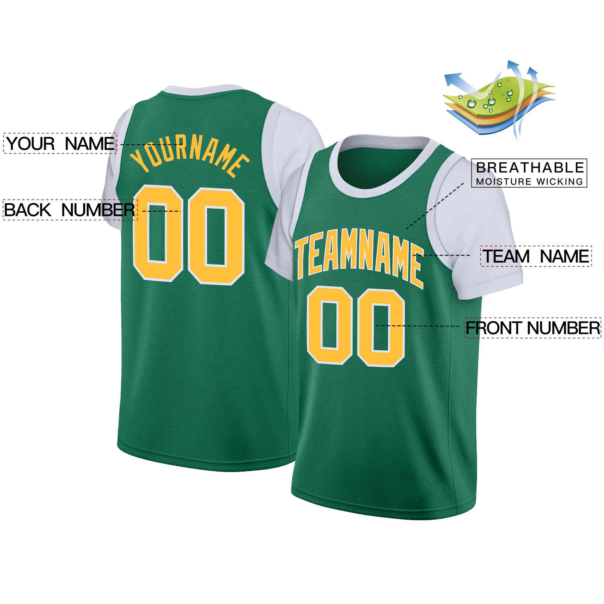 Custom Green Yellow-White Classic Tops Casual Fake Sleeve Basketball Jersey| KXKSHOP