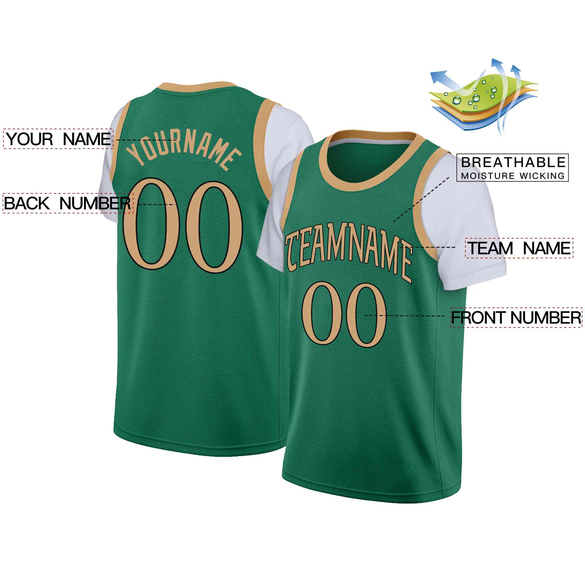 Custom Green Old Gold-Black Classic Tops Casual Fake Sleeve Basketball Jersey| KXKSHOP