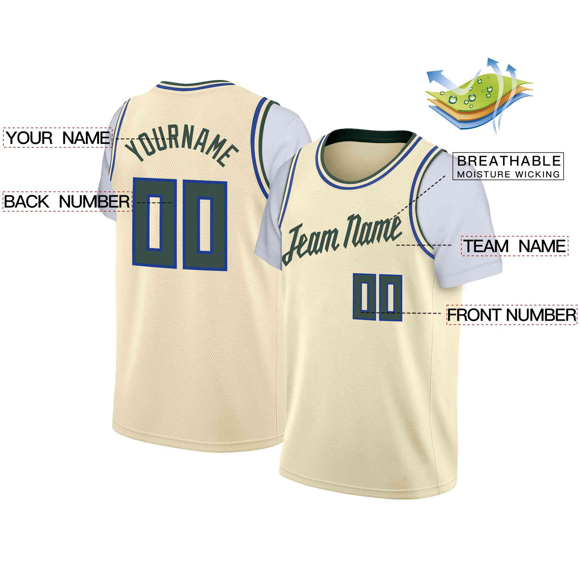 Custom Cream Hunter Green Classic Tops Casual Fake Sleeve Basketball Jersey| KXKSHOP