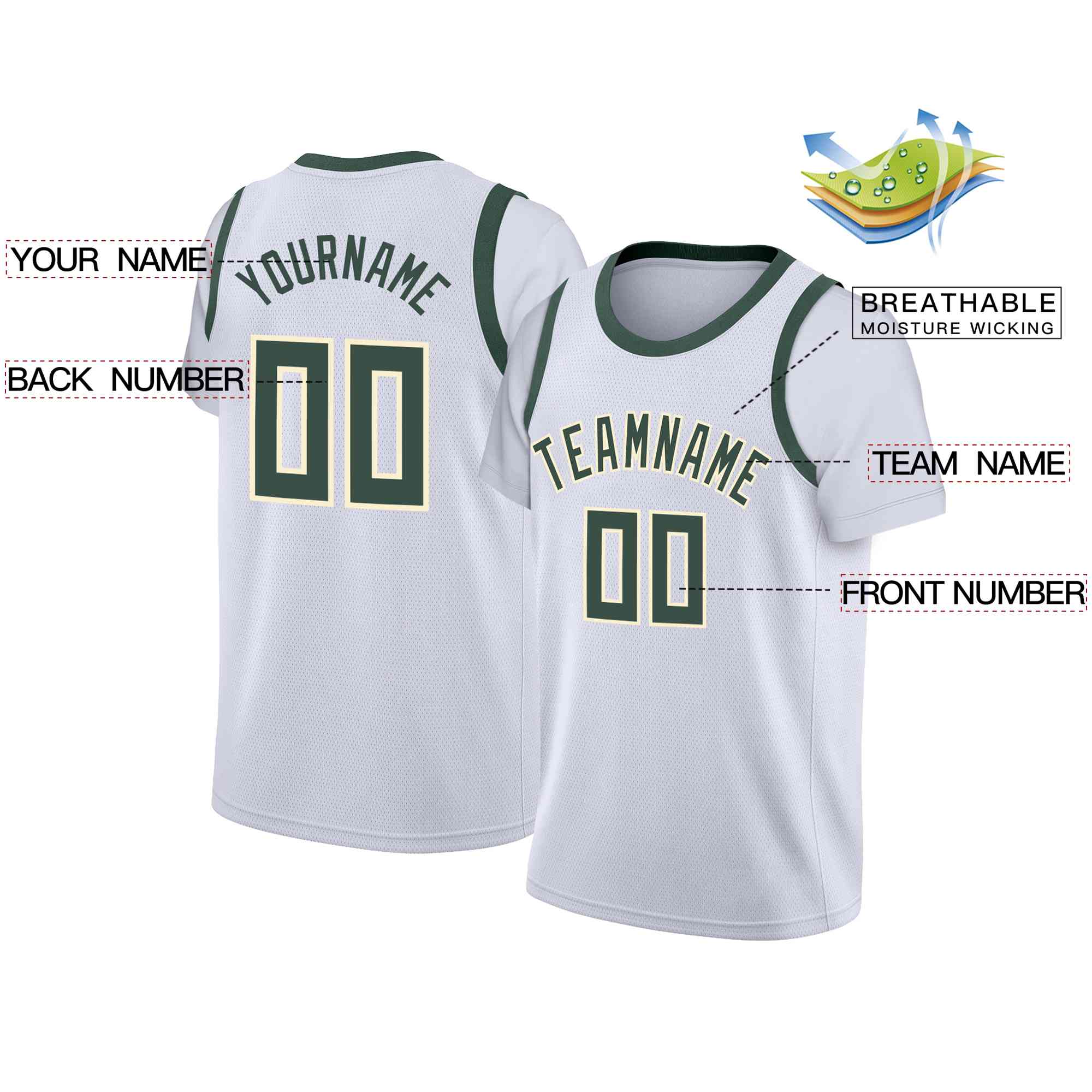 Custom White Hunter Green-Cream Classic Tops Casual Fake Sleeve Basketball Jersey| KXKSHOP