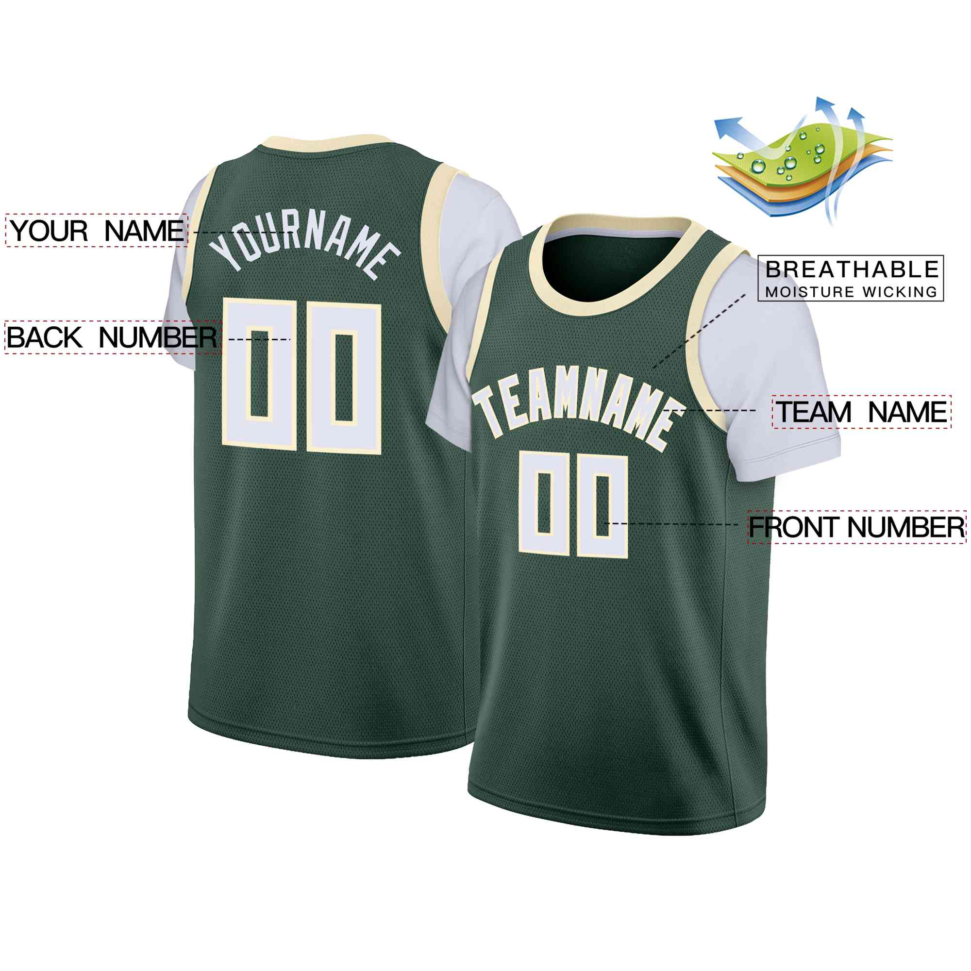 Custom Hunter Green White-Cream Classic Tops Casual Fake Sleeve Basketball Jersey| KXKSHOP