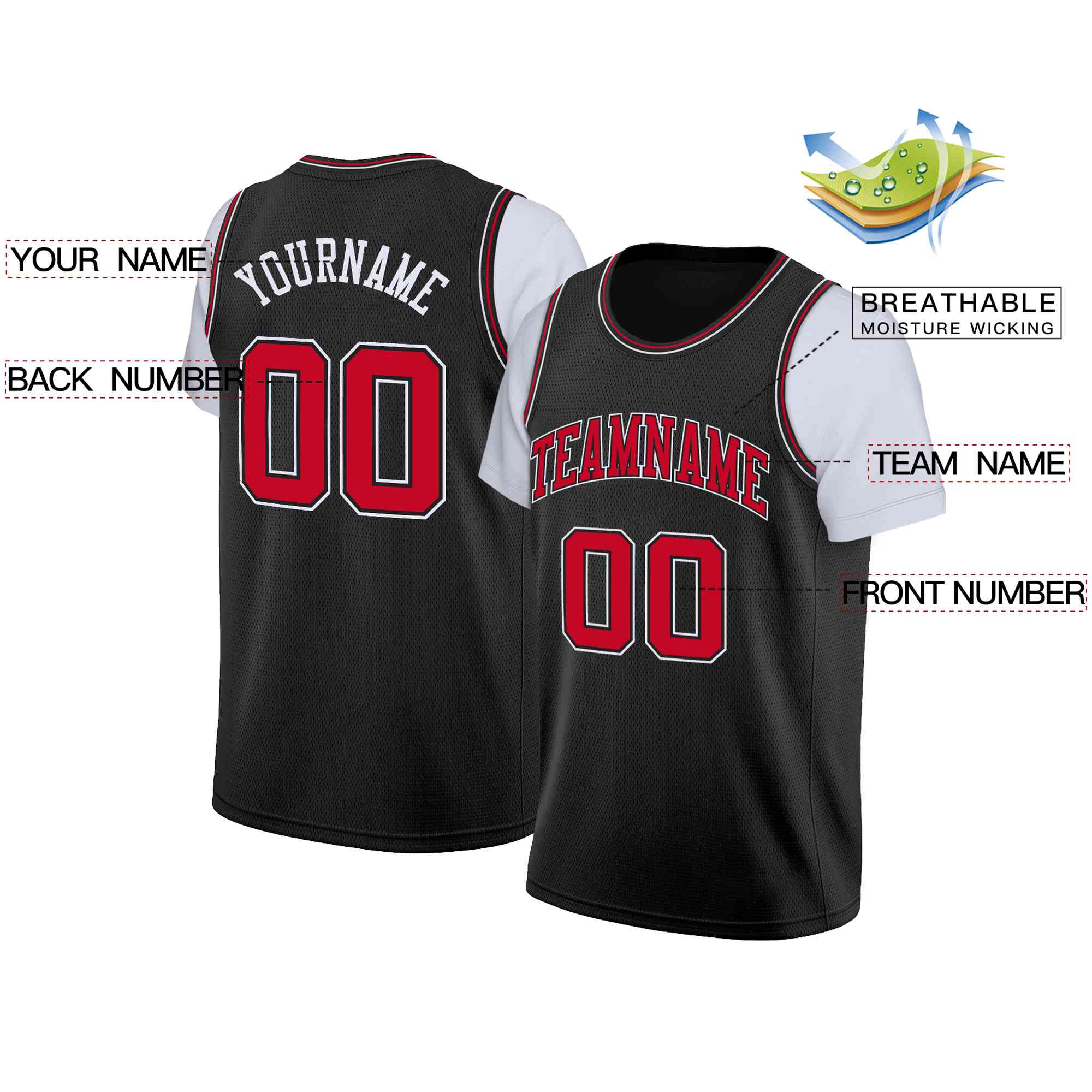 Custom Black Red-Black Classic Tops Casual Fake Sleeve Basketball Jersey| KXKSHOP